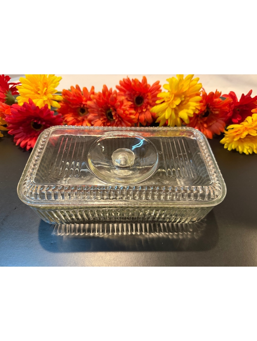 Vintage Federal Glass Refrigerator Dish Ribbed Clear Glass With Lid